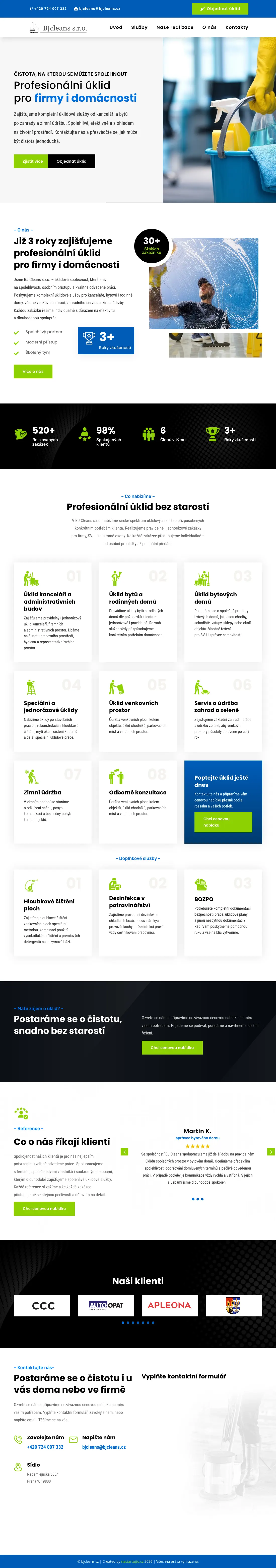 Celá úvodní stránka webu bjcleans.cz