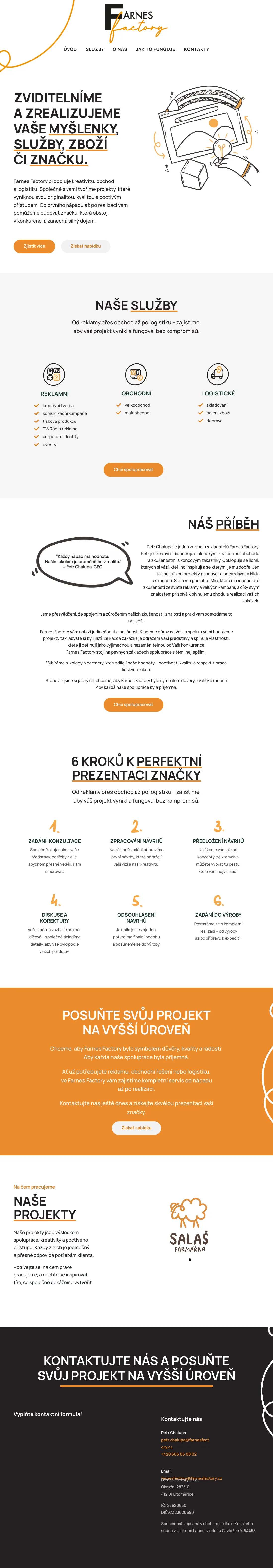 Celá úvodní stránka webu farnesfactory.cz