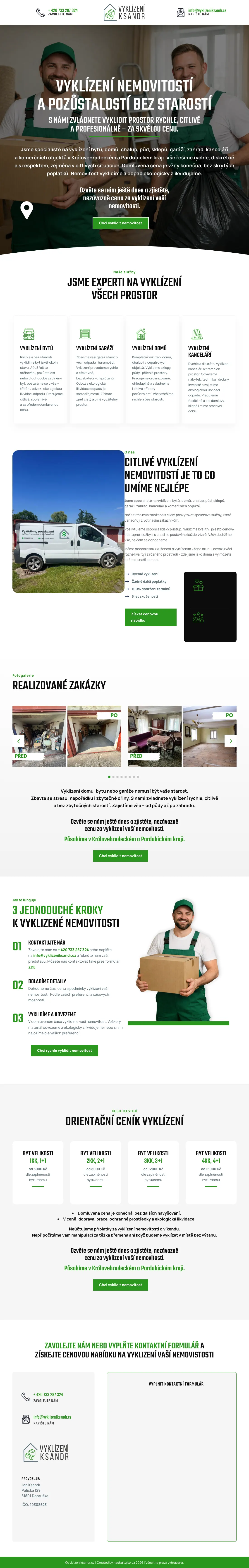 Celá úvodní stránka webu vyklizeniksandr.cz