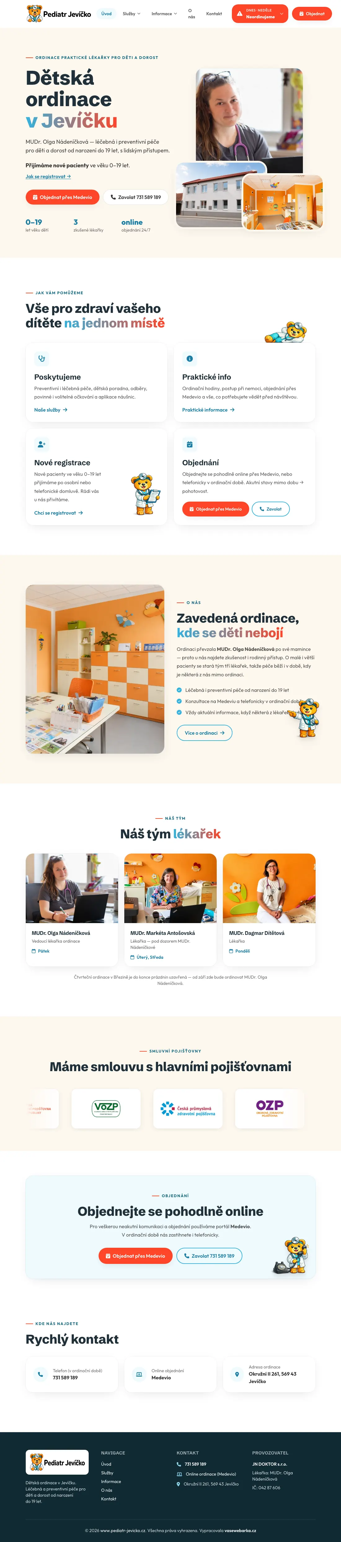 Celá úvodní stránka webu pediatr-jevicko.cz
