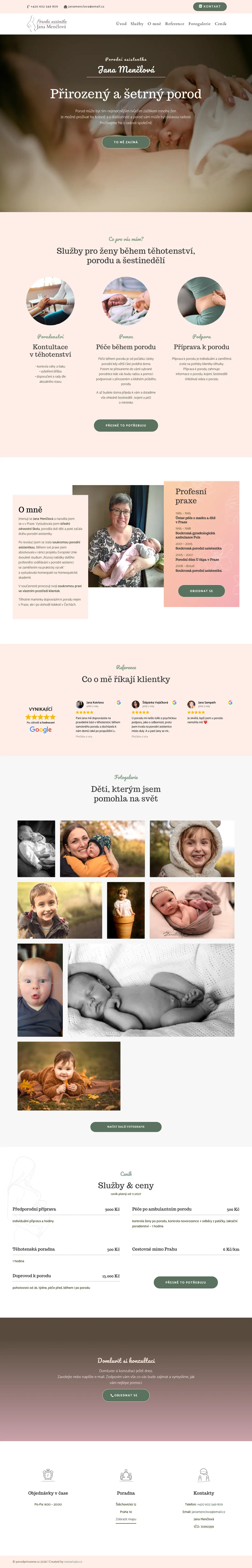Celá úvodní stránka webu porodprirozene.cz