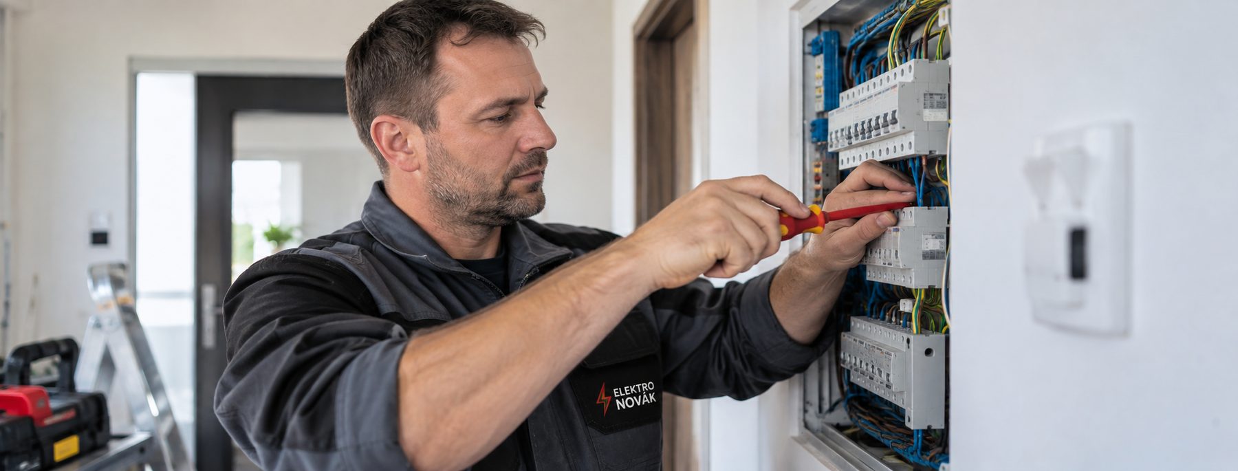 Elektrikář ve firemním oblečení šroubuje jistič v otevřeném domovním rozvaděči