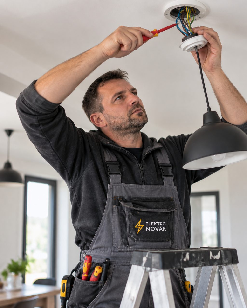 Elektrikář na štaflích zapojuje stropní svítidlo v obývacím pokoji