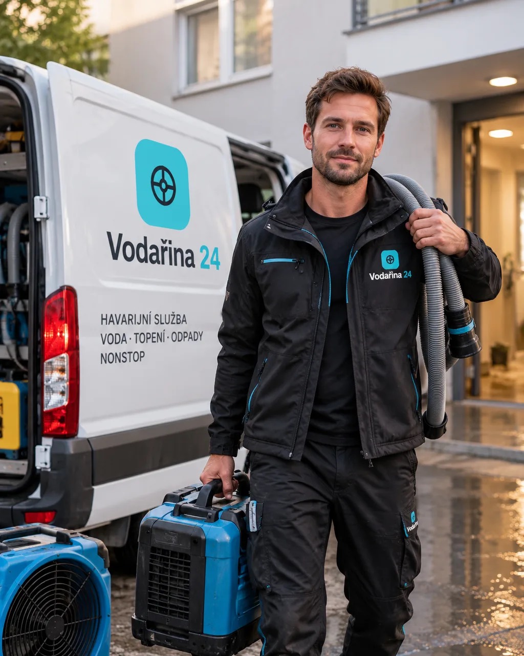 Instalatér s vybavením u firemní dodávky havarijní služby