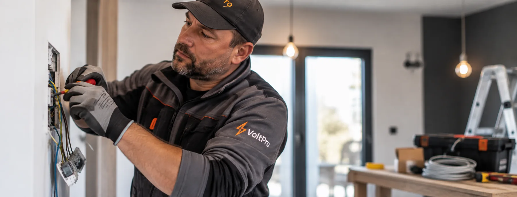 Technik VoltPro zapojuje krabici v rozestavěné místnosti novostavby