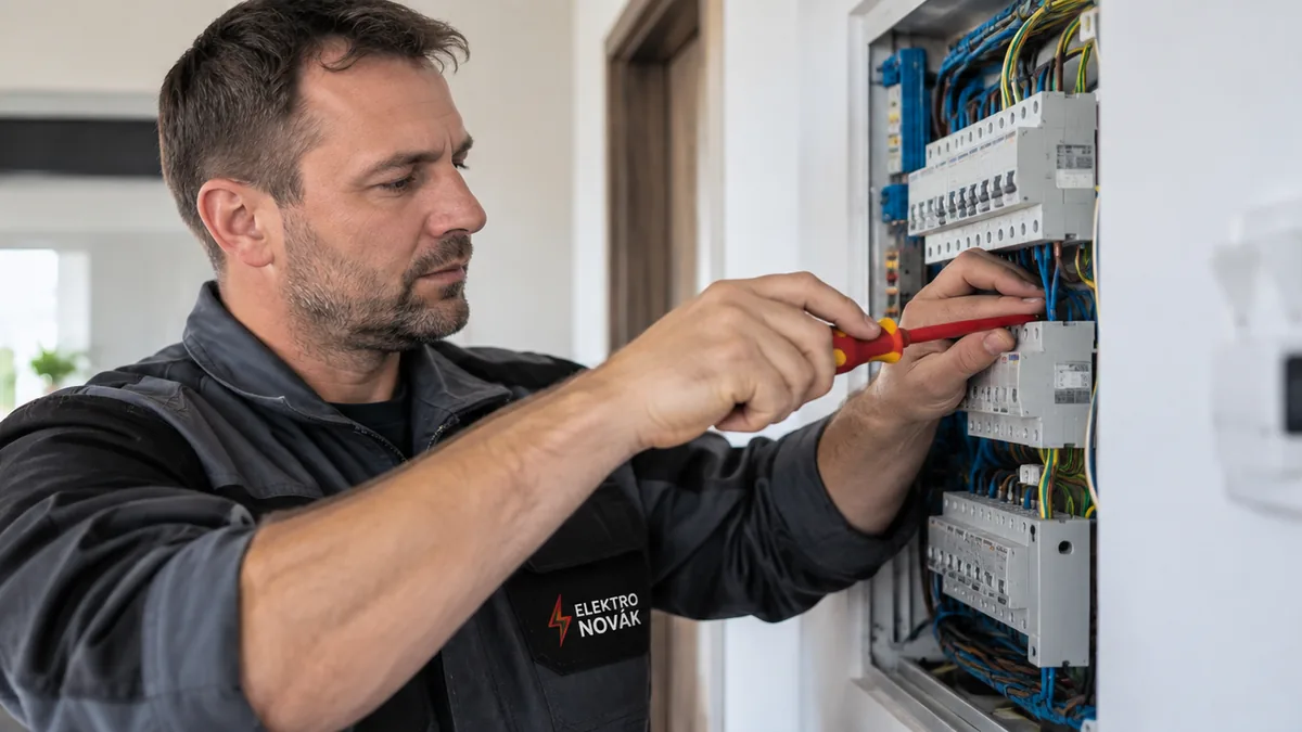 Revizní technik Elektro Novák měří jističe v otevřeném domovním rozvaděči