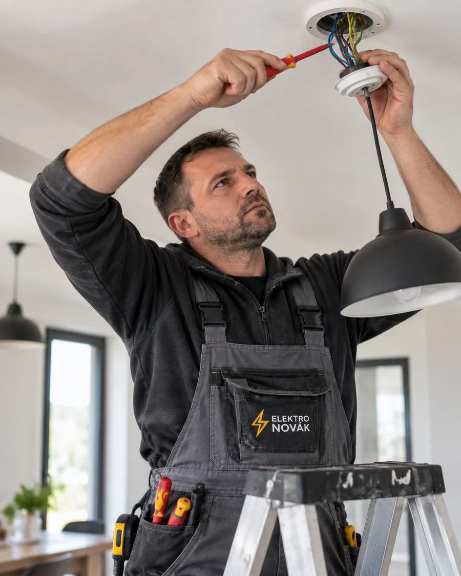Elektrikář na štaflích zapojuje stropní svítidlo v obývacím pokoji