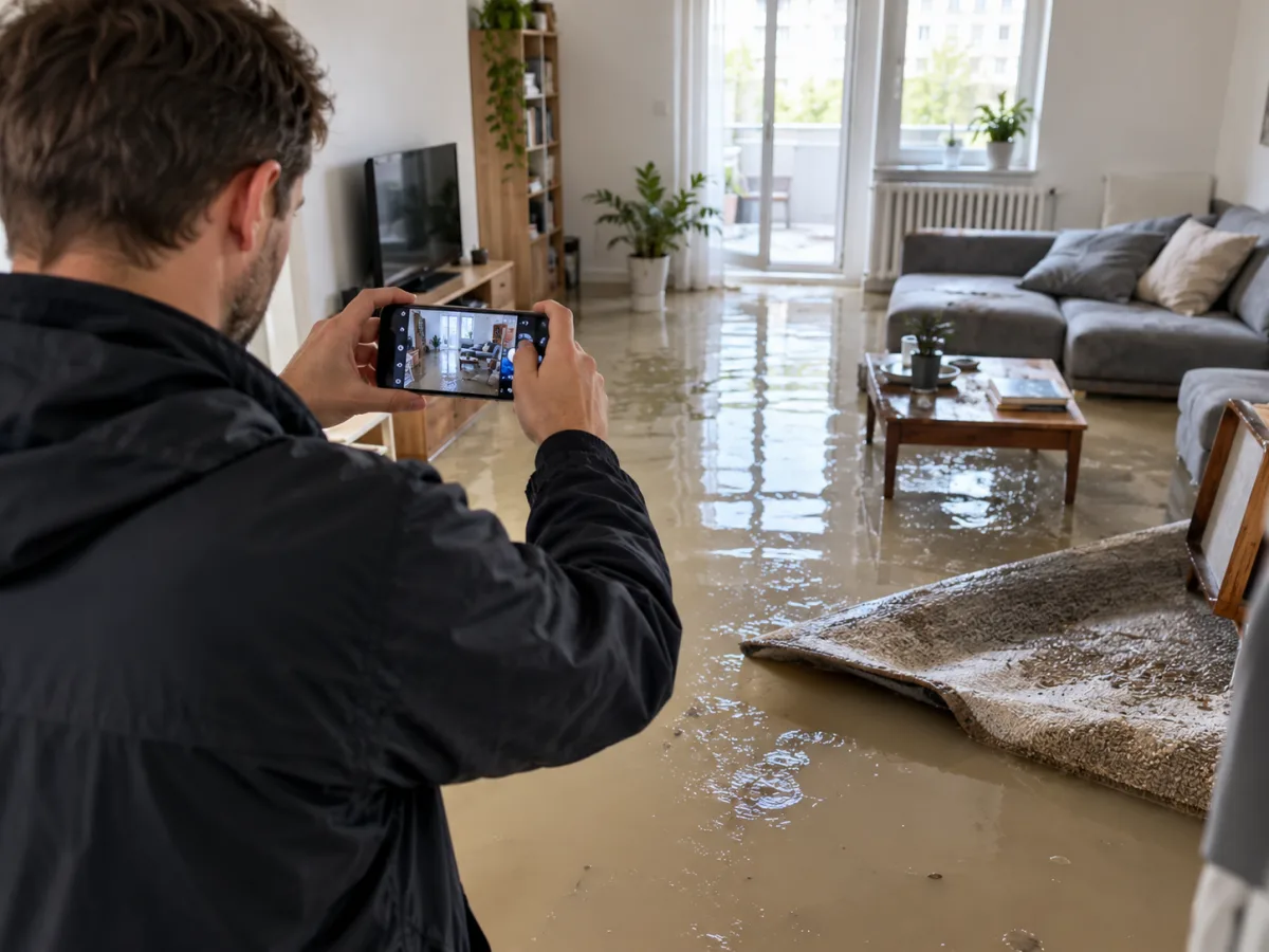 Muž fotí mobilem zatopenou podlahu obývacího pokoje